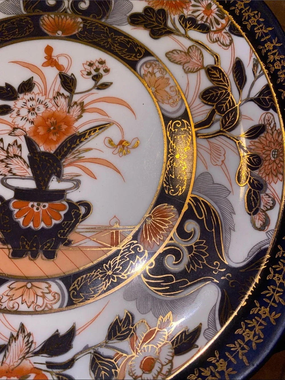 Vintage Decorative Porcelain Accent Plate in Navy, Orange, Gold - Floral Pattern